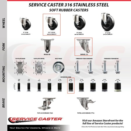 Service Caster 3.5 Inch 316SS Soft Rubber Swivel 1-3/8 Inch Expanding Stem Caster Brake, 2PK SCC-SS316EX20S3514-SRS-2-TLB-2-138